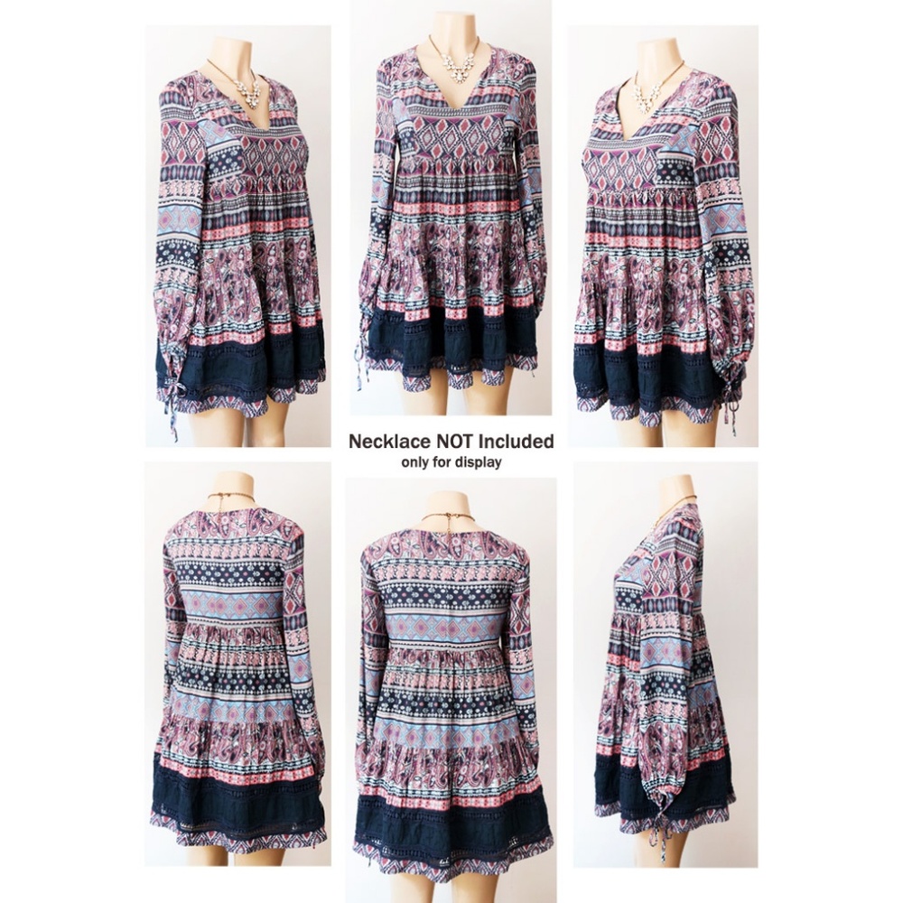 Navy Blue Multi BOHO Print Babydoll Tunic Blouse - Picture 7 of 8